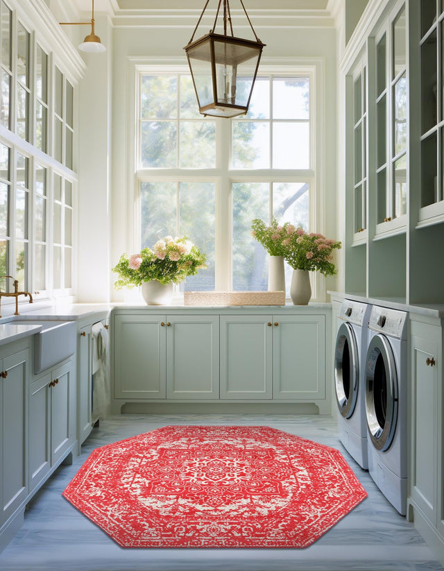 Pink 7' 10 x 7' 10 Richmond Octagon Area Rug Vintage Distressed Look Traditional Design Carpet for Unique Home Interior Design for Sale at Rug Engine
