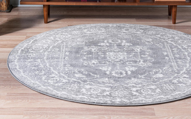 Gray 5' 1 x 5' 1 Boston Round Area Rug 55% Polypropylene & 45% Polyester Easy Clean Traditional Classical Carpet for Contemporary Living Dining Room Office Space for Sale at Rug Engine