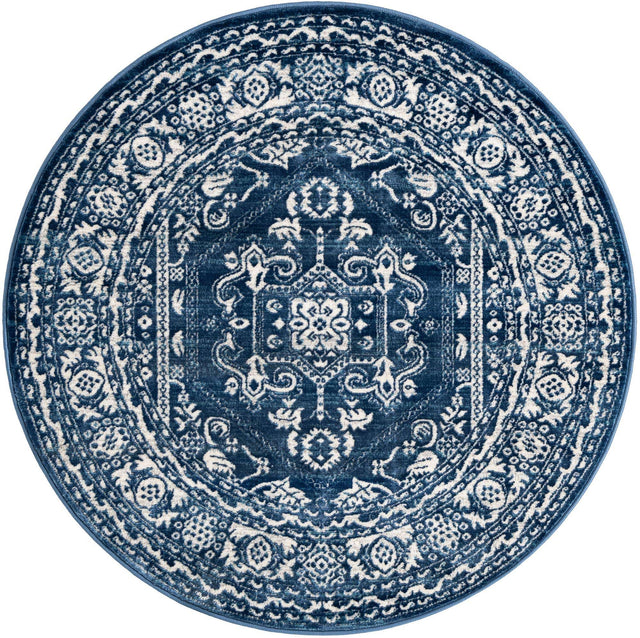 Blue 5' x 5' Boston Round Area Rug 55% Polypropylene & 45% Polyester Easy Clean Traditional Classical Carpet for Contemporary Living Dining Room Office Space for Sale at Rug Engine