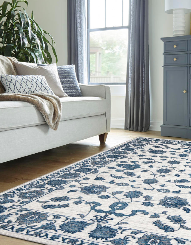 White Blue 4' x 6' Boston Rectangle Area Rug 55% Polypropylene & 45% Polyester Easy Clean Traditional Classical Carpet for Contemporary Living Dining Room Office Space for Sale at Rug Engine