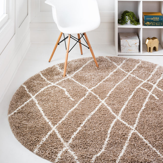 Khaki 7' 10 x 7' 10 Soft Touch Shag Round Area Rug Thick Soft Touch Fluffy & Plush Shaggy Pile 100% Polypropylene Unique Carpet for Modern Home Interiors for Sale at Rug Engine
