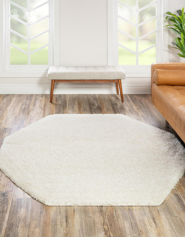 Snow White 4' 1 x 4' 1 Solid Shag Octagon Area Rug Thick Soft Touch Fluffy & Plush Shaggy Pile Durable Minimalist Carpet for Classic Interior Design for Sale at Rug Engine