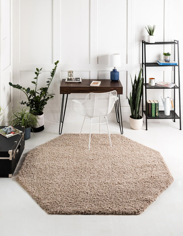 Taupe 6' 1 x 6' 1 Solid Shag Octagon Area Rug Thick Soft Touch Fluffy & Plush Shaggy Pile Durable Minimalist Carpet for Classic Interior Design for Sale at Rug Engine