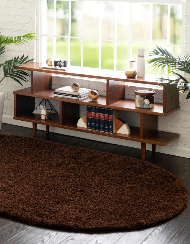 Chocolate Brown 7' 10 x 10' Solid Shag Oval Area Rug Thick Soft Touch Fluffy & Plush Shaggy Pile Durable Minimalist Carpet for Classic Interior Design for Sale at Rug Engine