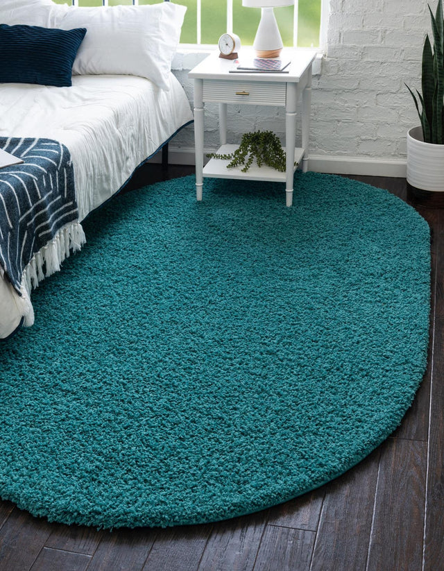 Deep Aqua Blue 3' 1 x 5' 3 Solid Shag Oval Area Rug Thick Soft Touch Fluffy & Plush Shaggy Pile Durable Minimalist Carpet for Classic Interior Design for Sale at Rug Engine