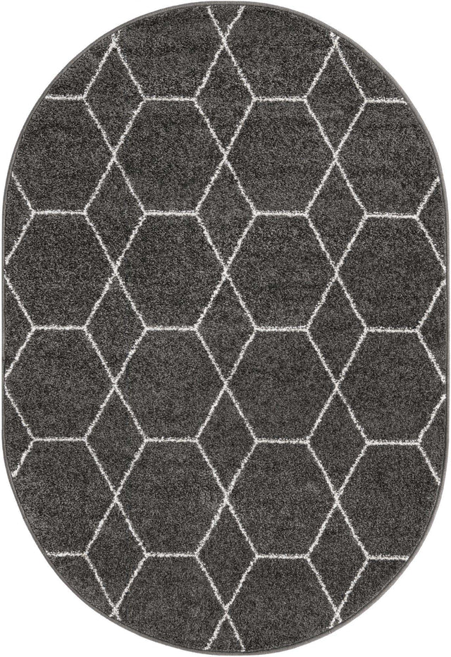 Dark Gray 4' 1 x 6' 1 Trellis Frieze Oval Area Rug Geometric Modern Unique Stain Resistant Easy Clean Carpet for Living, Dining, Bedrooms, Office for Sale at Rug Engine