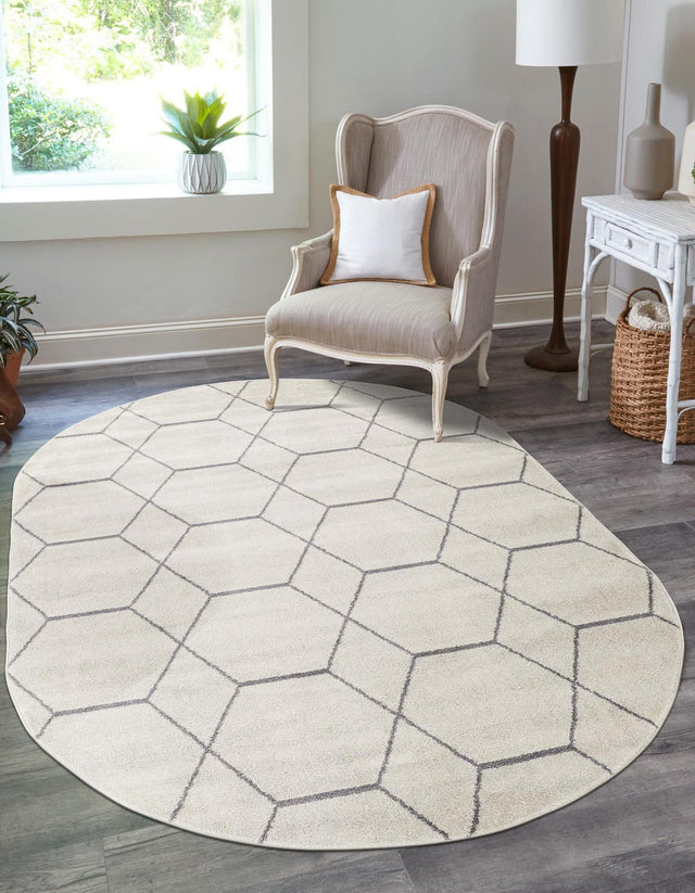 Ivory 3' 1 x 5' 3 Trellis Frieze Oval Area Rug Geometric Modern Unique Stain Resistant Easy Clean Carpet for Living, Dining, Bedrooms, Office for Sale at Rug Engine