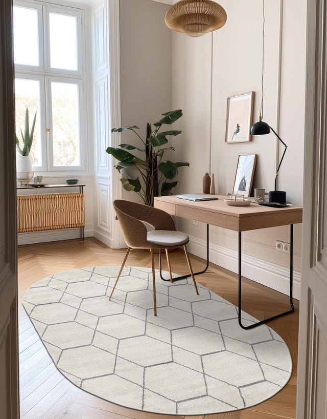 Ivory 3' 1 x 5' 3 Trellis Frieze Oval Area Rug Geometric Modern Unique Stain Resistant Easy Clean Carpet for Living, Dining, Bedrooms, Office for Sale at Rug Engine