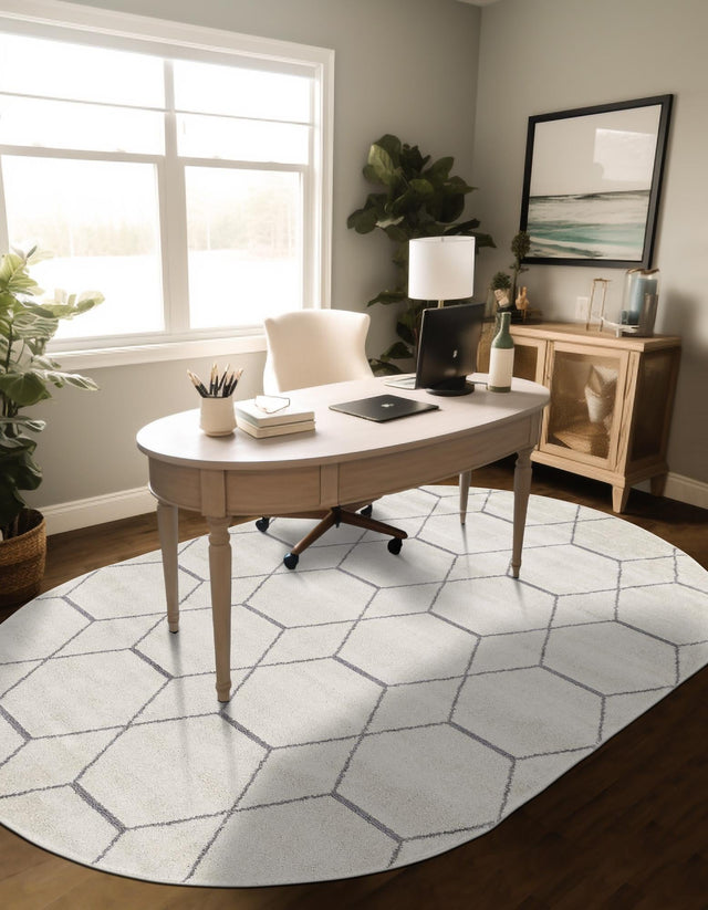 Ivory 3' 1 x 5' 3 Trellis Frieze Oval Area Rug Geometric Modern Unique Stain Resistant Easy Clean Carpet for Living, Dining, Bedrooms, Office for Sale at Rug Engine