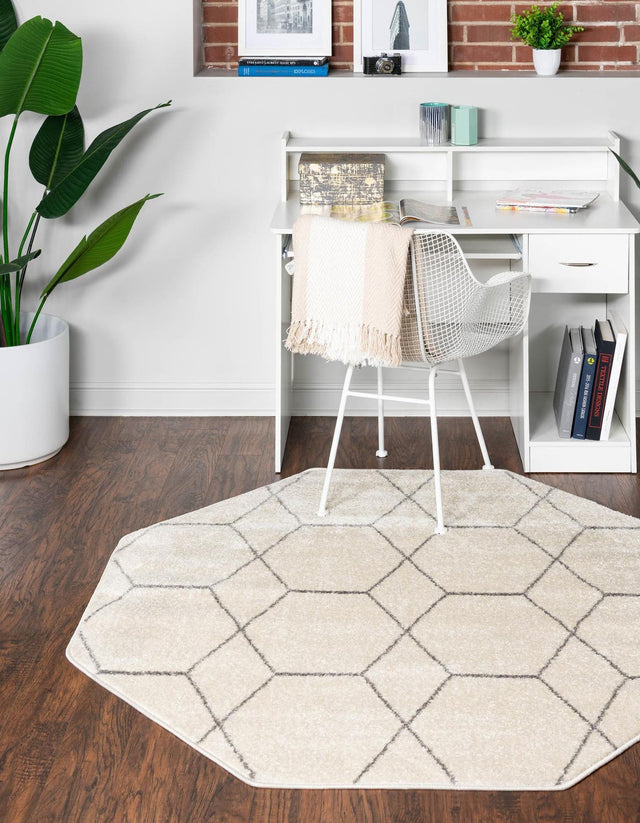 Ivory 5' 3 x 5' 3 Trellis Frieze Octagon Area Rug Geometric Modern Unique Stain Resistant Easy Clean Carpet for Living, Dining, Bedrooms, Office for Sale at Rug Engine