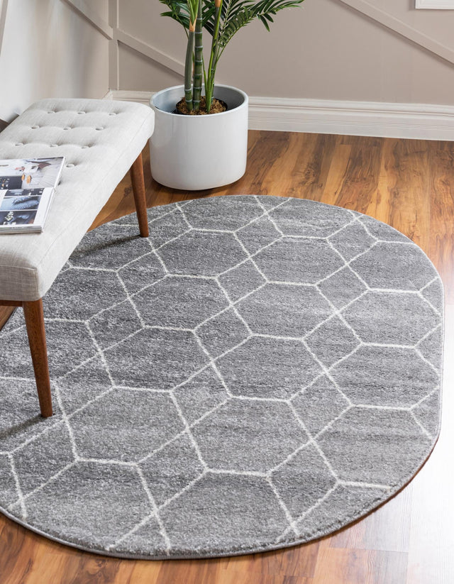 Light Gray 5' 3 x 8' Trellis Frieze Oval Area Rug Geometric Modern Unique Stain Resistant Easy Clean Carpet for Living, Dining, Bedrooms, Office for Sale at Rug Engine