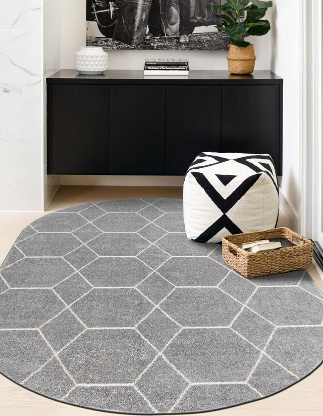 Light Gray 3' 1 x 5' 3 Trellis Frieze Oval Area Rug Geometric Modern Unique Stain Resistant Easy Clean Carpet for Living, Dining, Bedrooms, Office for Sale at Rug Engine