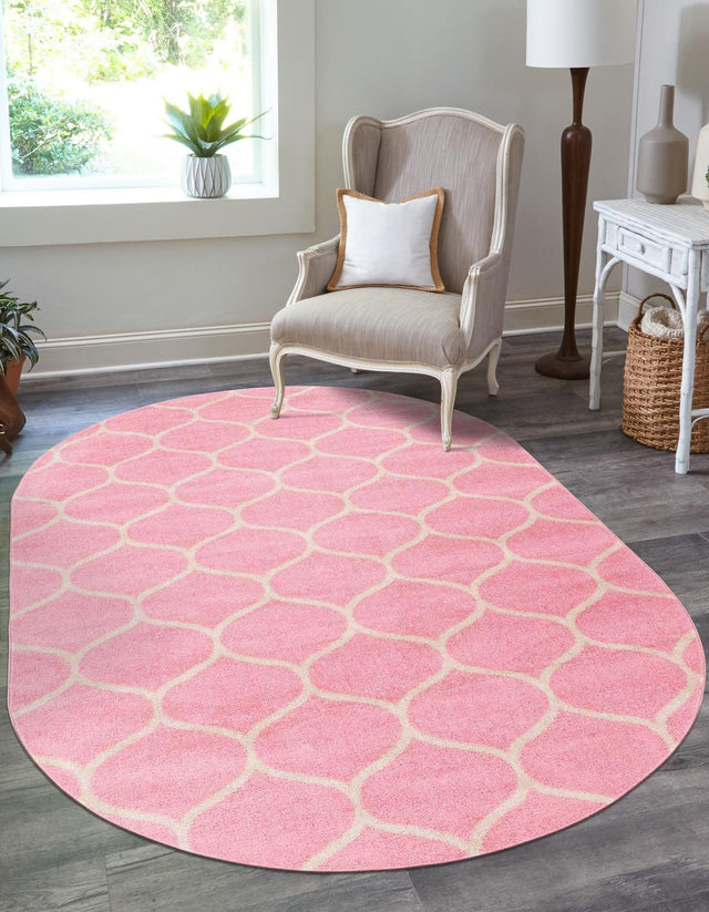 Light Pink 7' 10 x 10' Trellis Frieze Oval Area Rug Geometric Modern Unique Stain Resistant Easy Clean Carpet for Living, Dining, Bedrooms, Office for Sale at Rug Engine