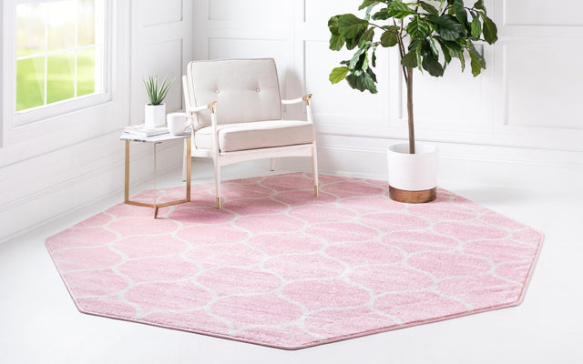 Light Pink 7' 10 x 7' 10 Trellis Frieze Octagon Area Rug Geometric Modern Unique Stain Resistant Easy Clean Carpet for Living, Dining, Bedrooms, Office for Sale at Rug Engine