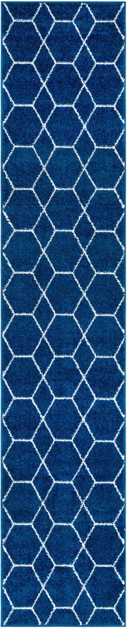 Navy Blue 2' x 10' Trellis Frieze Runner Area Rug Geometric Modern Unique Stain Resistant Easy Clean Carpet for Living, Dining, Bedrooms, Office for Sale at Rug Engine