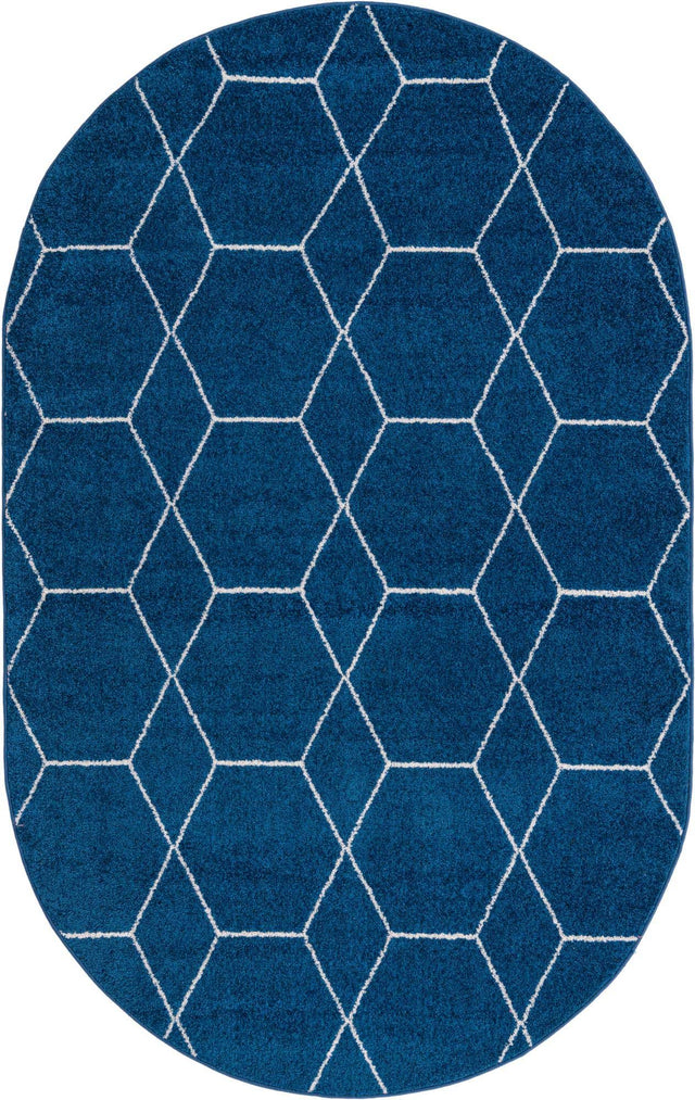 Navy Blue 3' 1 x 5' 3 Trellis Frieze Oval Area Rug Geometric Modern Unique Stain Resistant Easy Clean Carpet for Living, Dining, Bedrooms, Office for Sale at Rug Engine
