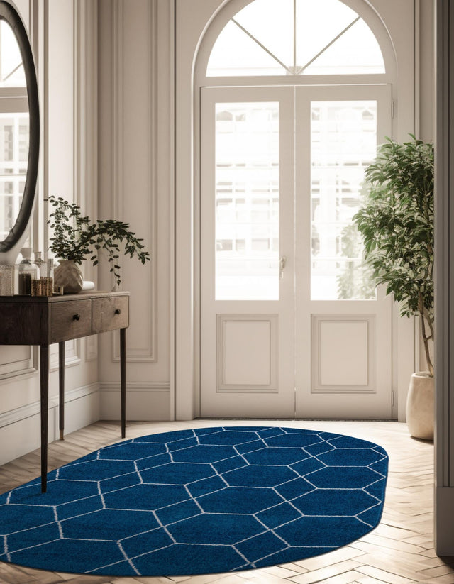 Navy Blue 5' 3 x 8' Trellis Frieze Oval Area Rug Geometric Modern Unique Stain Resistant Easy Clean Carpet for Living, Dining, Bedrooms, Office for Sale at Rug Engine