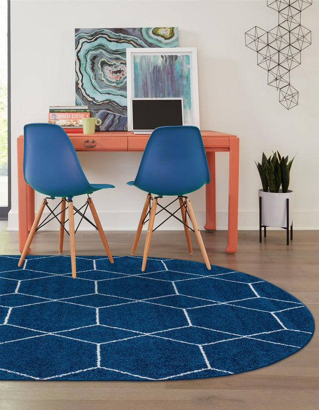 Navy Blue 5' 3 x 8' Trellis Frieze Oval Area Rug Geometric Modern Unique Stain Resistant Easy Clean Carpet for Living, Dining, Bedrooms, Office for Sale at Rug Engine