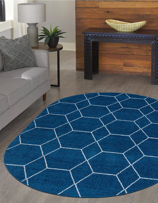 Navy Blue 3' 1 x 5' 3 Trellis Frieze Oval Area Rug Geometric Modern Unique Stain Resistant Easy Clean Carpet for Living, Dining, Bedrooms, Office for Sale at Rug Engine