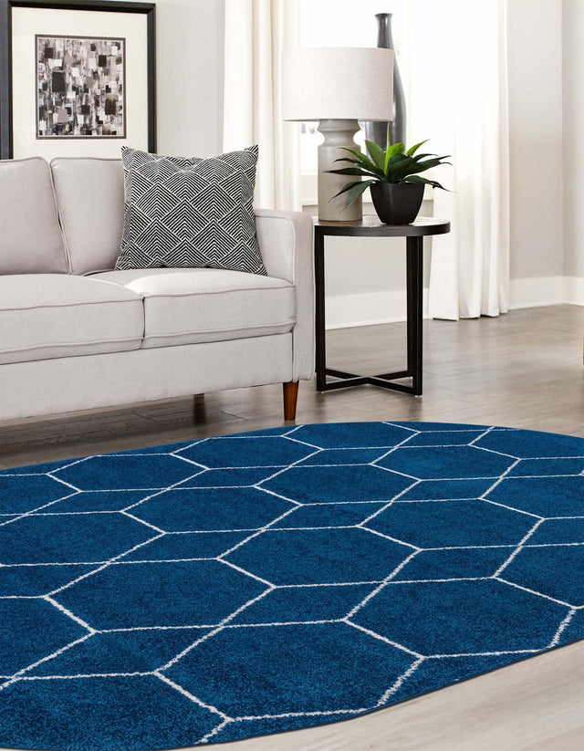 Navy Blue 3' 1 x 5' 3 Trellis Frieze Oval Area Rug Geometric Modern Unique Stain Resistant Easy Clean Carpet for Living, Dining, Bedrooms, Office for Sale at Rug Engine