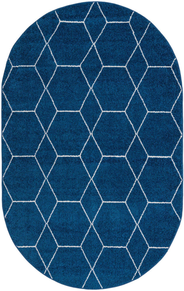 Navy Blue 5' 3 x 8' Trellis Frieze Oval Area Rug Geometric Modern Unique Stain Resistant Easy Clean Carpet for Living, Dining, Bedrooms, Office for Sale at Rug Engine