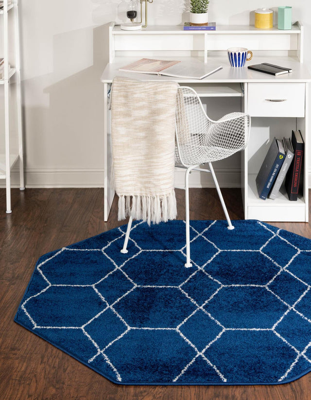 Navy Blue 5' 3 x 5' 3 Trellis Frieze Octagon Area Rug Geometric Modern Unique Stain Resistant Easy Clean Carpet for Living, Dining, Bedrooms, Office for Sale at Rug Engine