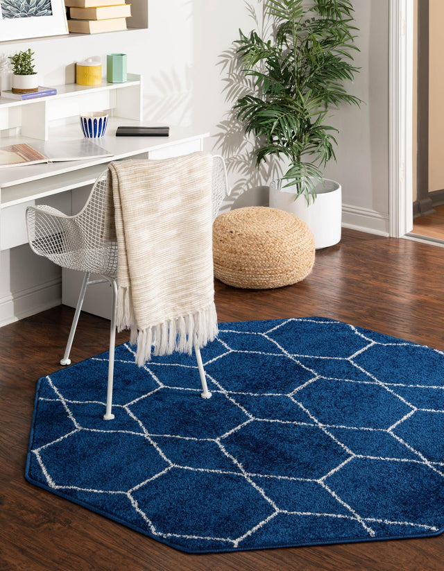 Navy Blue 5' 3 x 5' 3 Trellis Frieze Octagon Area Rug Geometric Modern Unique Stain Resistant Easy Clean Carpet for Living, Dining, Bedrooms, Office for Sale at Rug Engine