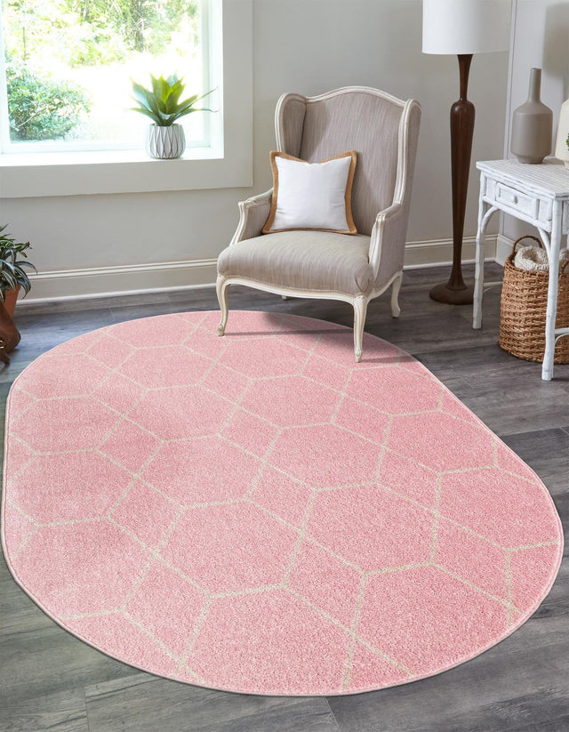 Light Pink 3' 1 x 5' 3 Trellis Frieze Oval Area Rug Geometric Modern Unique Stain Resistant Easy Clean Carpet for Living, Dining, Bedrooms, Office for Sale at Rug Engine