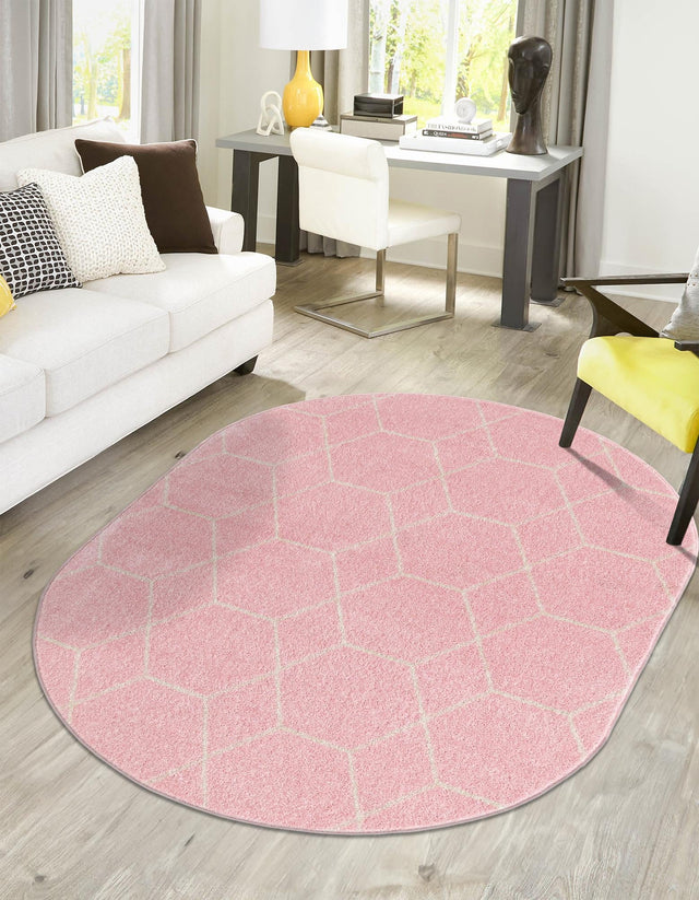 Light Pink 3' 1 x 5' 3 Trellis Frieze Oval Area Rug Geometric Modern Unique Stain Resistant Easy Clean Carpet for Living, Dining, Bedrooms, Office for Sale at Rug Engine