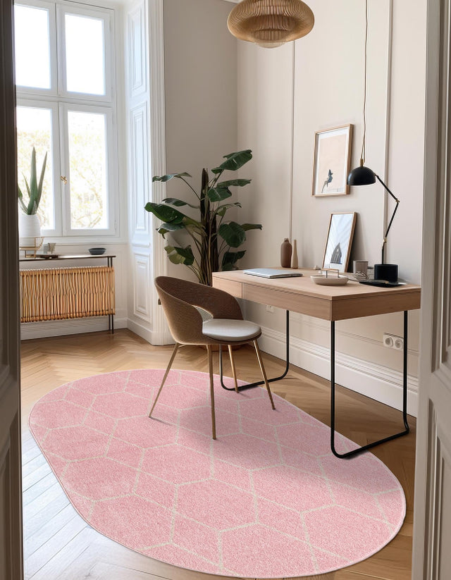 Light Pink 3' 1 x 5' 3 Trellis Frieze Oval Area Rug Geometric Modern Unique Stain Resistant Easy Clean Carpet for Living, Dining, Bedrooms, Office for Sale at Rug Engine