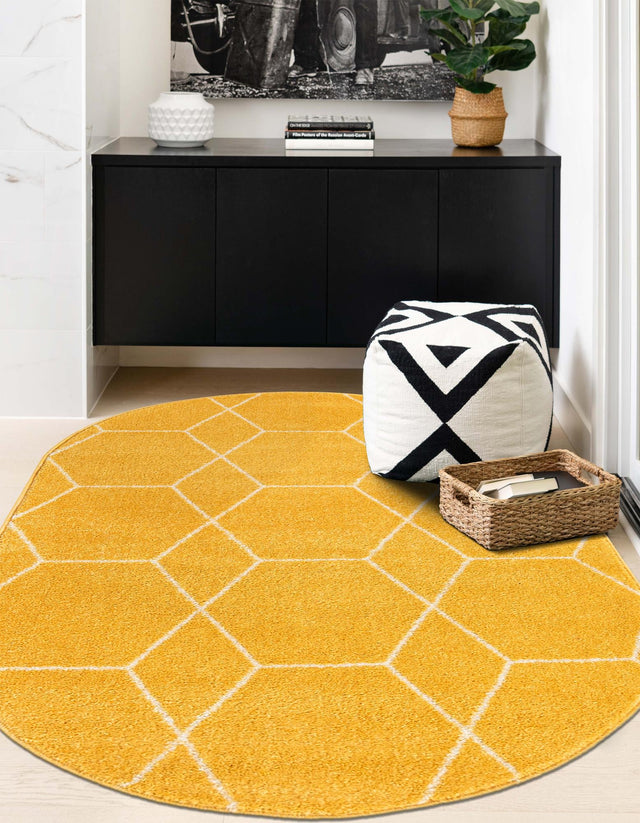 Yellow 7' 10 x 10' Trellis Frieze Oval Area Rug Geometric Modern Unique Stain Resistant Easy Clean Carpet for Living, Dining, Bedrooms, Office for Sale at Rug Engine