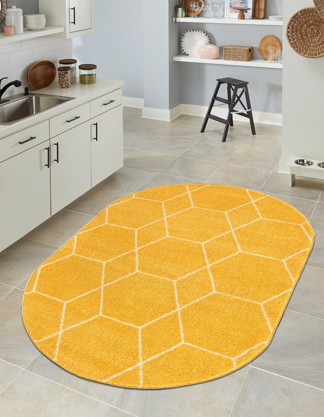 Yellow 3' 1 x 5' 3 Trellis Frieze Oval Area Rug Geometric Modern Unique Stain Resistant Easy Clean Carpet for Living, Dining, Bedrooms, Office for Sale at Rug Engine