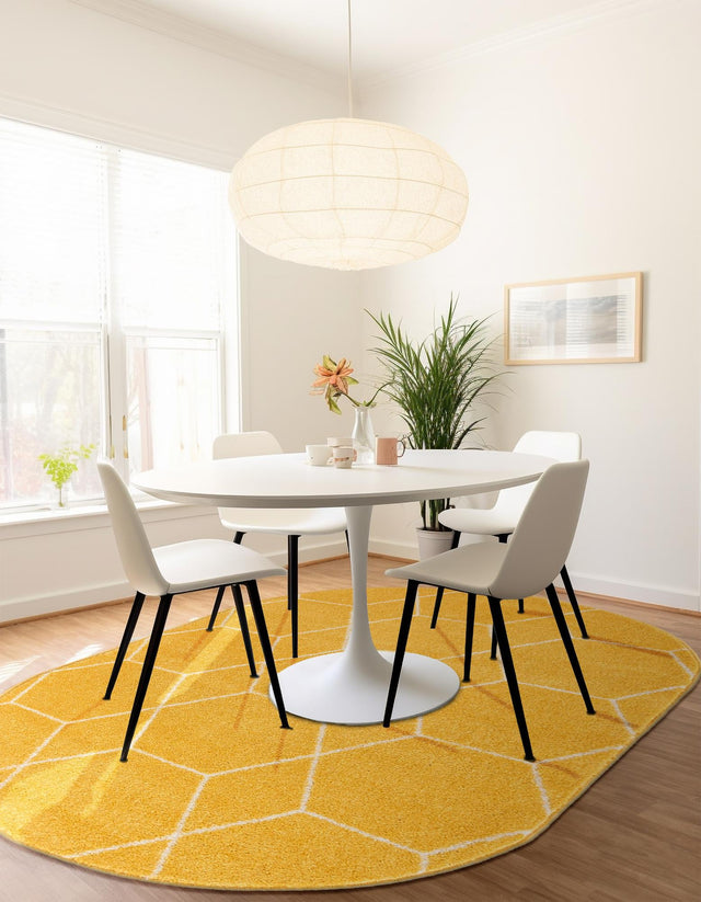 Yellow 3' 1 x 5' 3 Trellis Frieze Oval Area Rug Geometric Modern Unique Stain Resistant Easy Clean Carpet for Living, Dining, Bedrooms, Office for Sale at Rug Engine