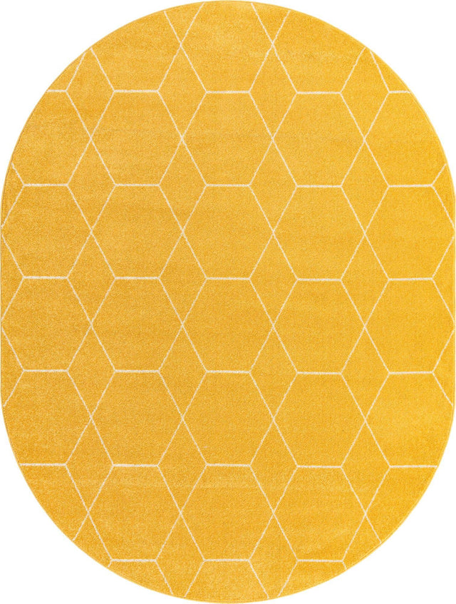 Yellow 7' 10 x 10' Trellis Frieze Oval Area Rug Geometric Modern Unique Stain Resistant Easy Clean Carpet for Living, Dining, Bedrooms, Office for Sale at Rug Engine