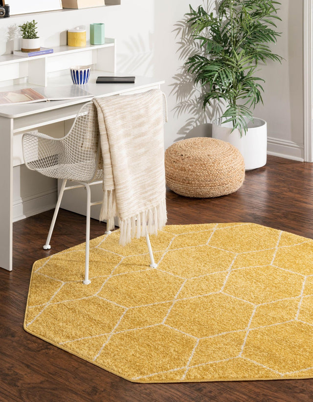 Yellow 7' 10 x 7' 10 Trellis Frieze Octagon Area Rug Geometric Modern Unique Stain Resistant Easy Clean Carpet for Living, Dining, Bedrooms, Office for Sale at Rug Engine