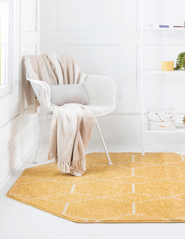Yellow 7' 10 x 7' 10 Trellis Frieze Octagon Area Rug Geometric Modern Unique Stain Resistant Easy Clean Carpet for Living, Dining, Bedrooms, Office for Sale at Rug Engine
