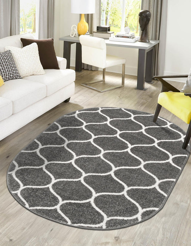 Dark Gray 5' 3 x 8' Trellis Frieze Oval Area Rug Geometric Modern Unique Stain Resistant Easy Clean Carpet for Living, Dining, Bedrooms, Office for Sale at Rug Engine