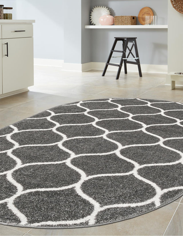 Dark Gray 5' 3 x 8' Trellis Frieze Oval Area Rug Geometric Modern Unique Stain Resistant Easy Clean Carpet for Living, Dining, Bedrooms, Office for Sale at Rug Engine