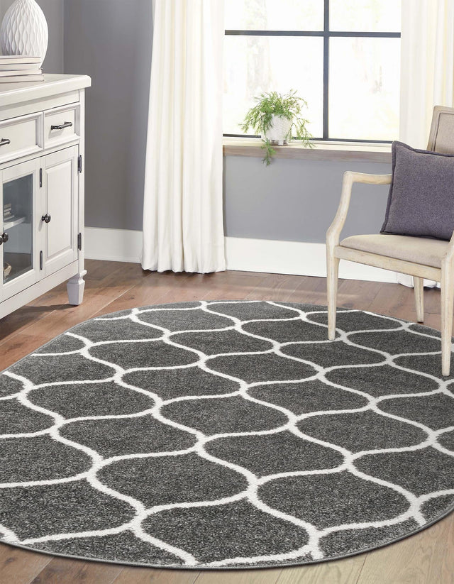 Dark Gray 5' 3 x 8' Trellis Frieze Oval Area Rug Geometric Modern Unique Stain Resistant Easy Clean Carpet for Living, Dining, Bedrooms, Office for Sale at Rug Engine