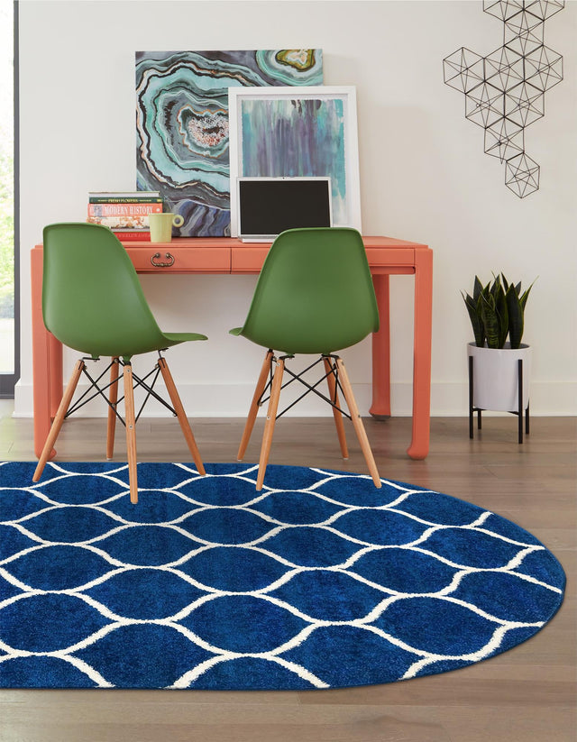 Navy Blue 7' 10 x 10' Trellis Frieze Oval Area Rug Geometric Modern Unique Stain Resistant Easy Clean Carpet for Living, Dining, Bedrooms, Office for Sale at Rug Engine