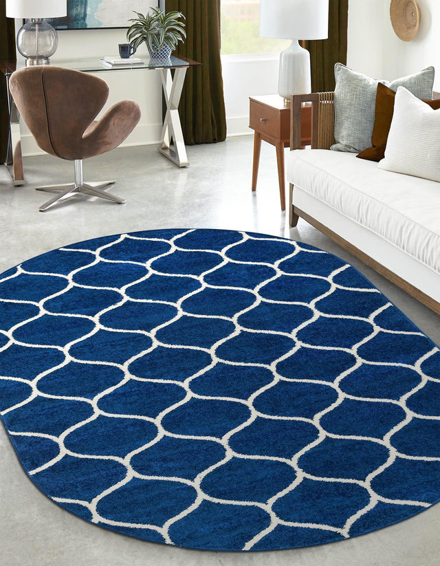 Navy Blue 3' 1 x 5' 3 Trellis Frieze Oval Area Rug Geometric Modern Unique Stain Resistant Easy Clean Carpet for Living, Dining, Bedrooms, Office for Sale at Rug Engine