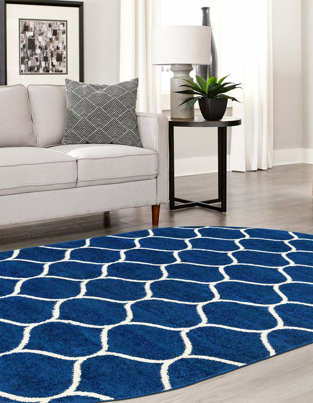 Navy Blue 7' 10 x 10' Trellis Frieze Oval Area Rug Geometric Modern Unique Stain Resistant Easy Clean Carpet for Living, Dining, Bedrooms, Office for Sale at Rug Engine