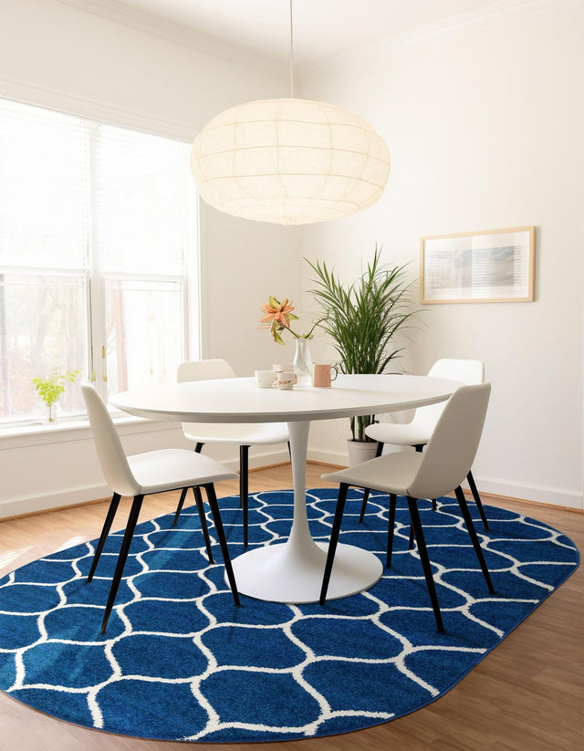 Navy Blue 7' 10 x 10' Trellis Frieze Oval Area Rug Geometric Modern Unique Stain Resistant Easy Clean Carpet for Living, Dining, Bedrooms, Office for Sale at Rug Engine