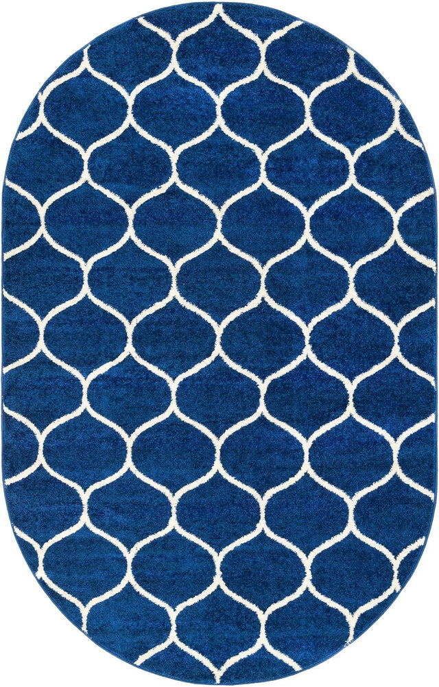 Navy Blue 5' 3 x 8' Trellis Frieze Oval Area Rug Geometric Modern Unique Stain Resistant Easy Clean Carpet for Living, Dining, Bedrooms, Office for Sale at Rug Engine