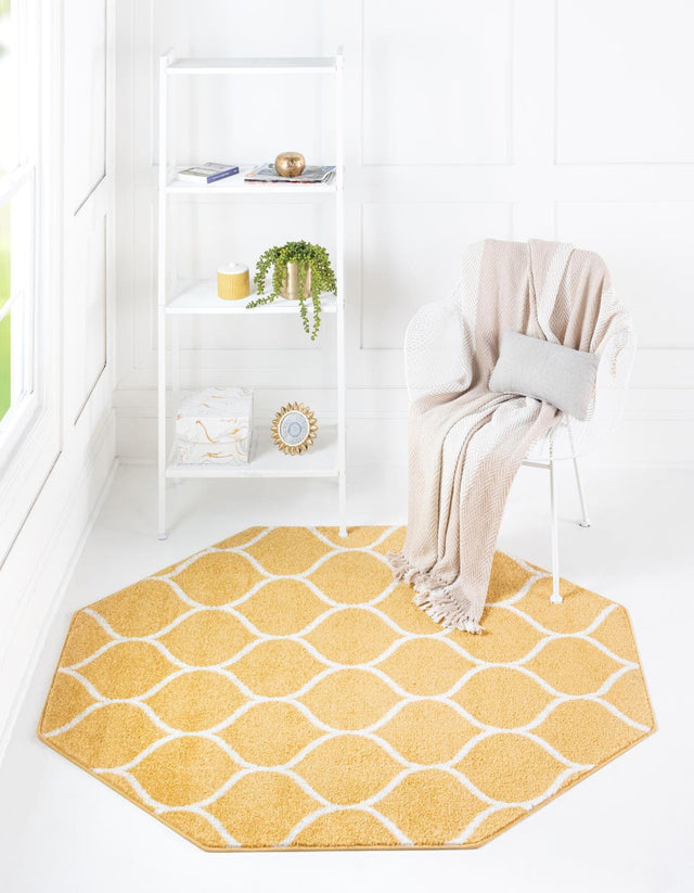 Yellow 5' 3 x 5' 3 Trellis Frieze Octagon Area Rug Geometric Modern Unique Stain Resistant Easy Clean Carpet for Living, Dining, Bedrooms, Office for Sale at Rug Engine