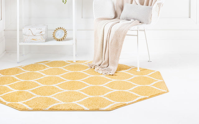 Yellow 5' 3 x 5' 3 Trellis Frieze Octagon Area Rug Geometric Modern Unique Stain Resistant Easy Clean Carpet for Living, Dining, Bedrooms, Office for Sale at Rug Engine