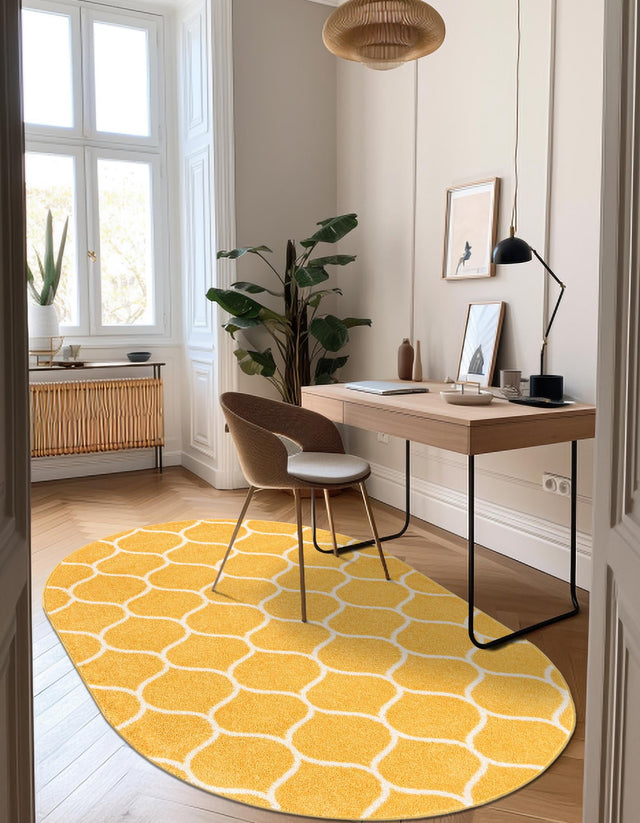 Yellow 7' 10 x 10' Trellis Frieze Oval Area Rug Geometric Modern Unique Stain Resistant Easy Clean Carpet for Living, Dining, Bedrooms, Office for Sale at Rug Engine