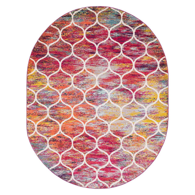 Multicolor 7' 10 x 10' Trellis Frieze Oval Area Rug Geometric Modern Unique Stain Resistant Easy Clean Carpet for Living, Dining, Bedrooms, Office for Sale at Rug Engine