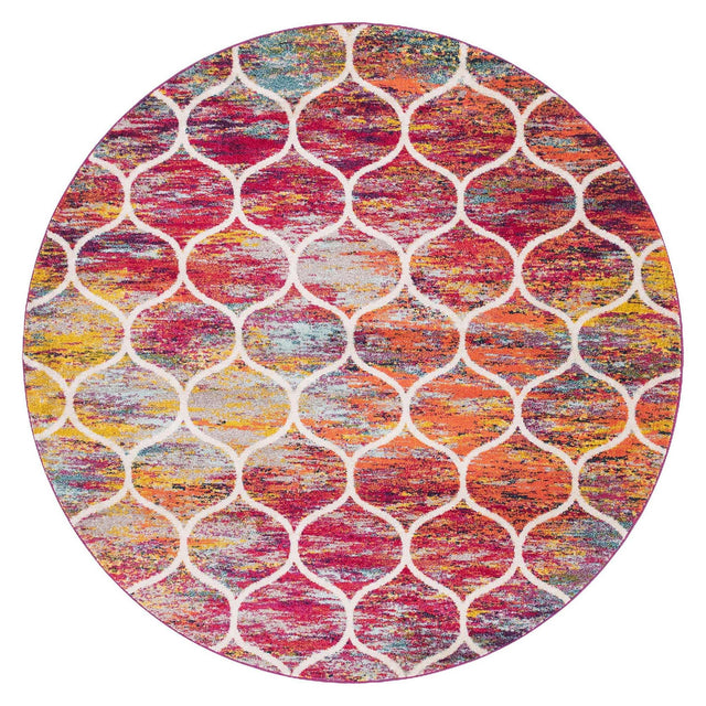 Multicolor 7' 10 x 7' 10 Trellis Frieze Round Area Rug Geometric Modern Unique Stain Resistant Easy Clean Carpet for Living, Dining, Bedrooms, Office for Sale at Rug Engine
