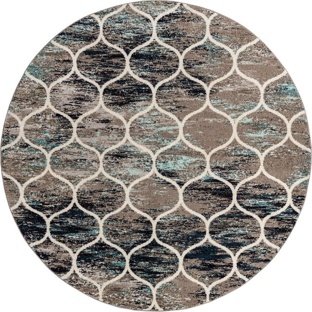 Blue Multicolor 7' 10 x 7' 10 Trellis Frieze Round Area Rug Geometric Modern Unique Stain Resistant Easy Clean Carpet for Living, Dining, Bedrooms, Office for Sale at Rug Engine